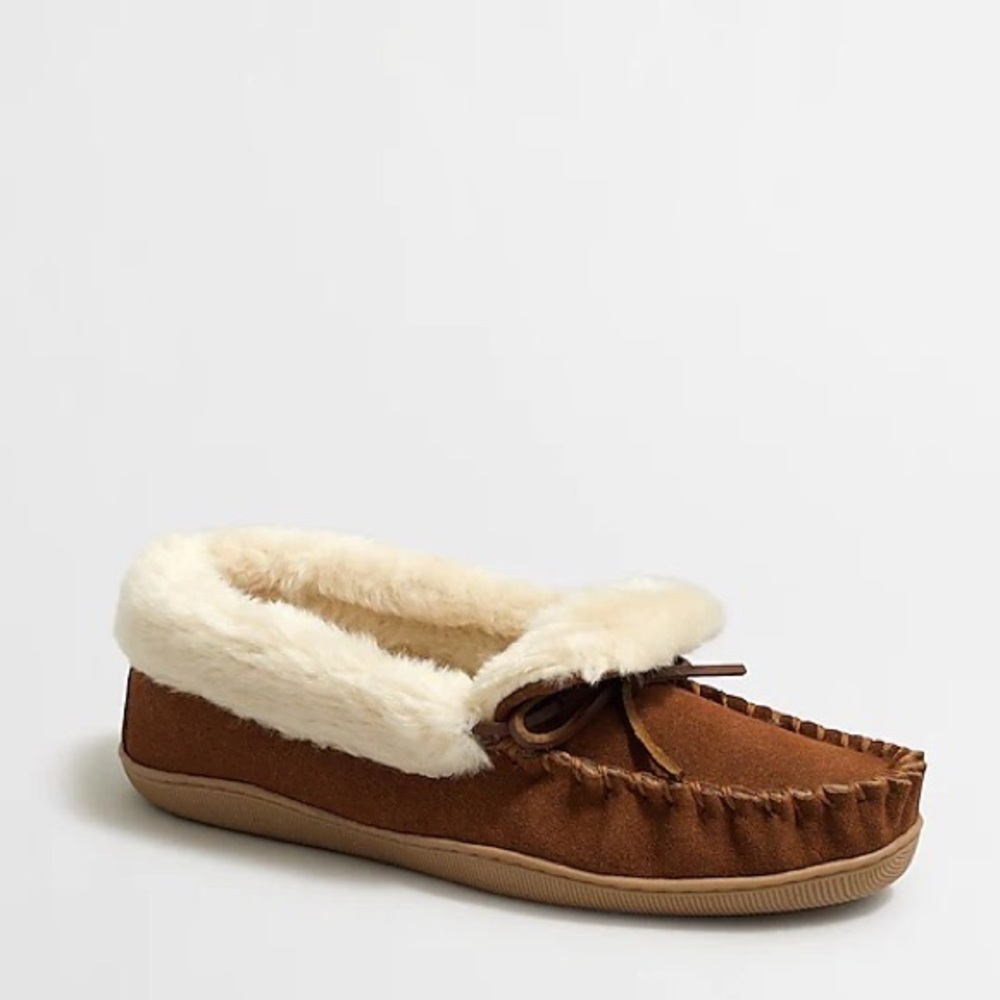 NWT J. Crew Factory Women’s Shearling Foldover Slippers- Size: 7 - Cognac, Brown